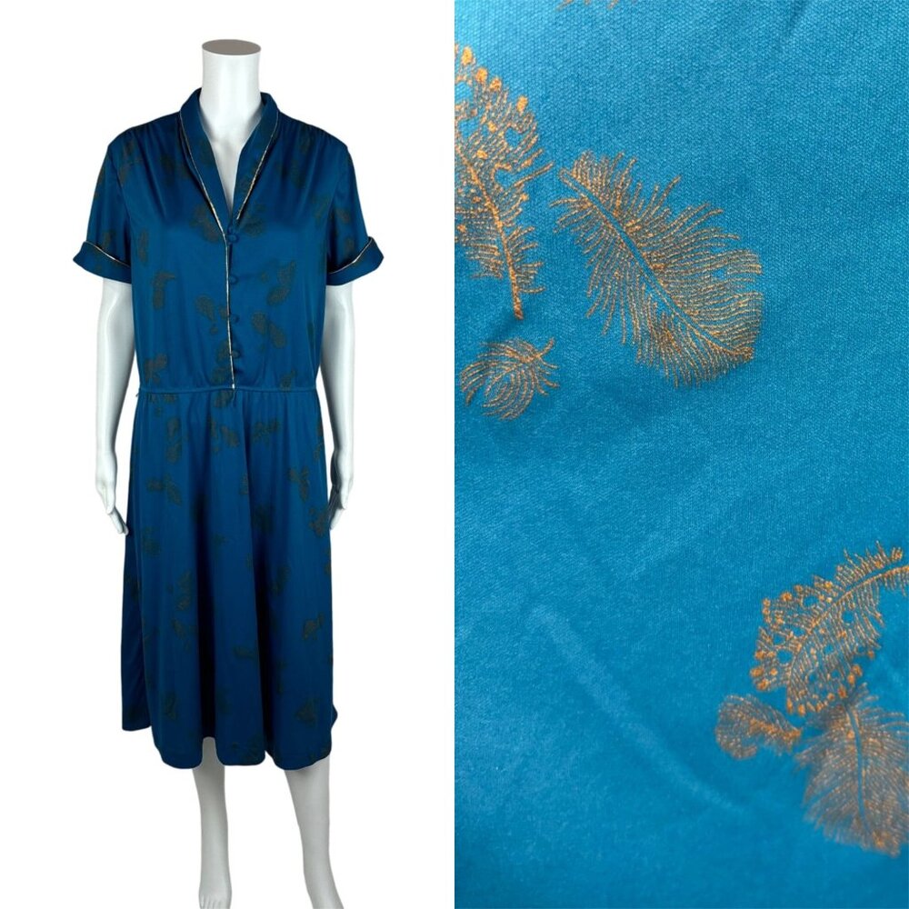 Vintage 70s Novelty Dress Women's Large Peacock Feathers Print Teal Gold
